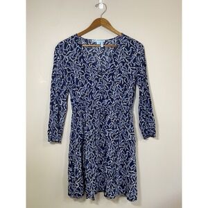 Draper James Dress Womens Size 2 Blue Floral 1/2 Button V Neck Rayon Drawstring